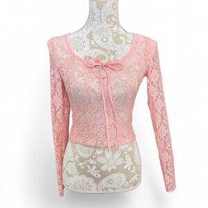 Pink Sheer Lace Tie-Front Long Sleeve Top – Size Small Y2K Coquette FairyCore